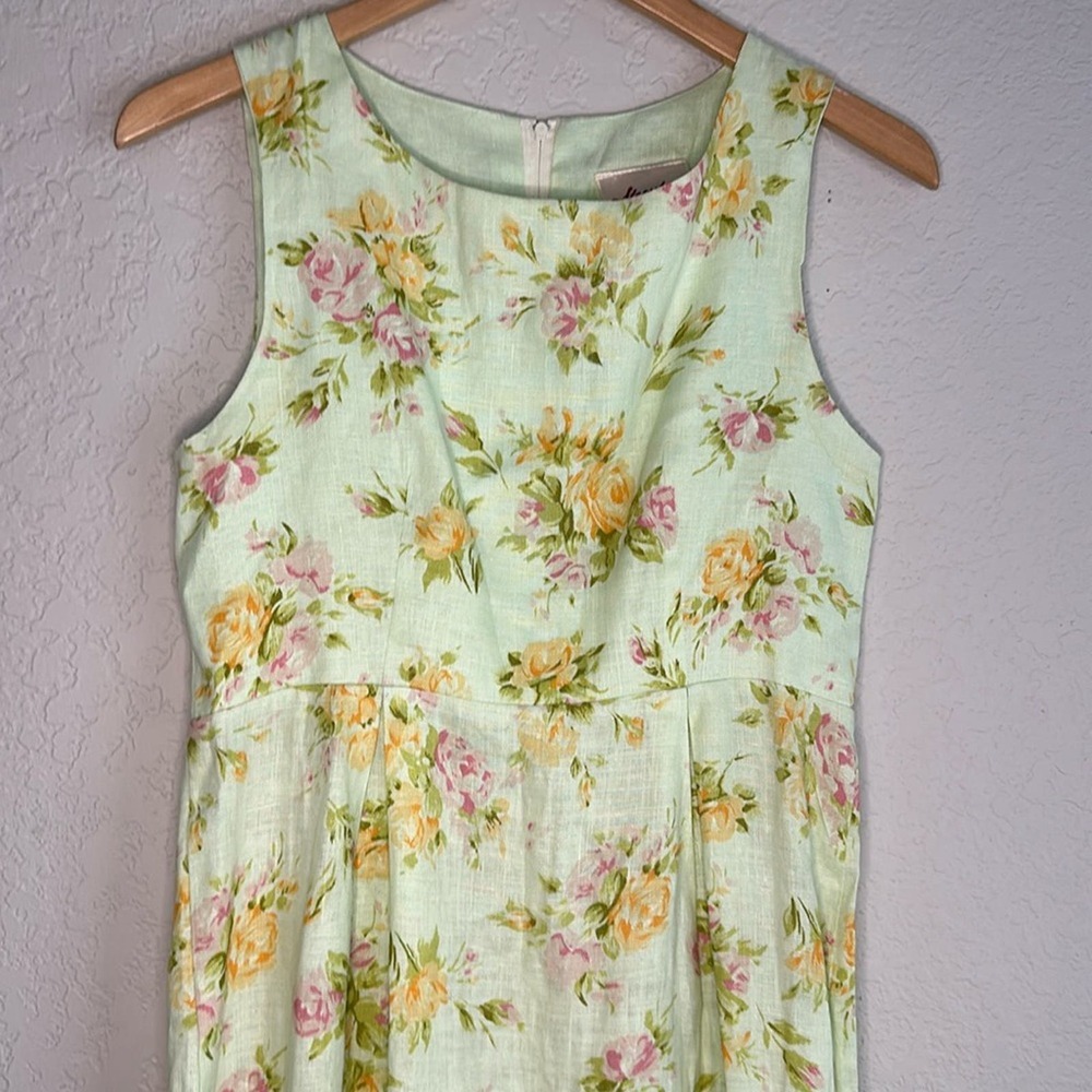 Vintage Storybook Heirlooms Linen Floral Maxi Dress Sleeveless Green